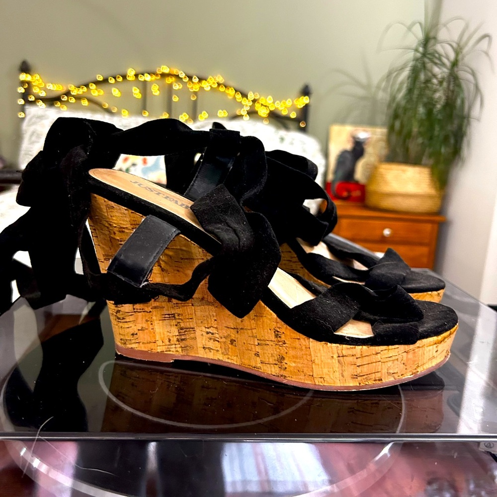 Just fab wrap cork espadrille wedges.